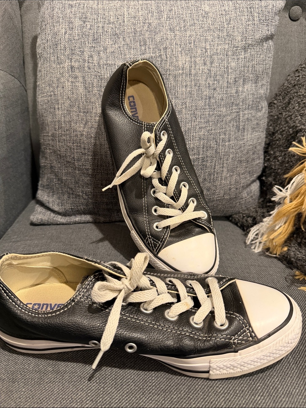 Converse Black Leather Low Top Sneakers with White Toe Caps